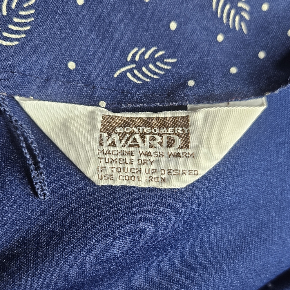 VTG Volup Montgomery Ward Navy Blue Midi Dress With Leaf Print, sz Large/XL - Picture 7 of 8